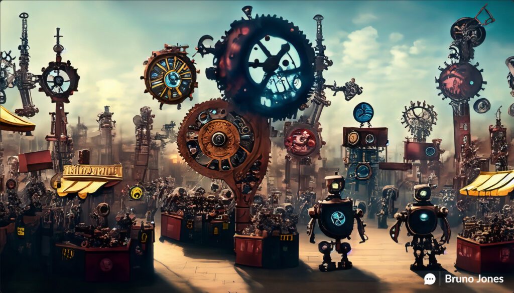 Understanding the Impact of Social Media Algorithms. A steampunk-style marketplace bustling with robots, all engaged in buying and selling. Above the marketplace, a large, intricate clockwork mechanism is turning, with each gear representing a different social media platform. The clockwork mechanism is casting a shadow over the marketplace, symbolizing the impact of social media algorithms on sales.