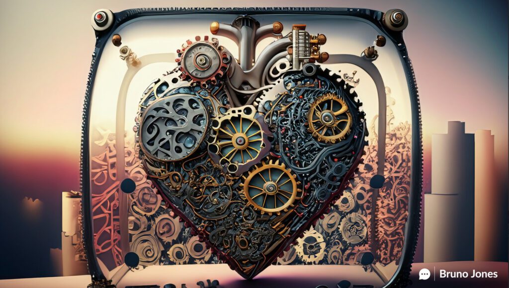 Hidden Power of 'Why'; The Power of Why. Steampunk-inspired mechanical heart encased in glass, symbolizing the authentic 'why' at the core of a brand, set against a sepia-toned industrial cityscape background.