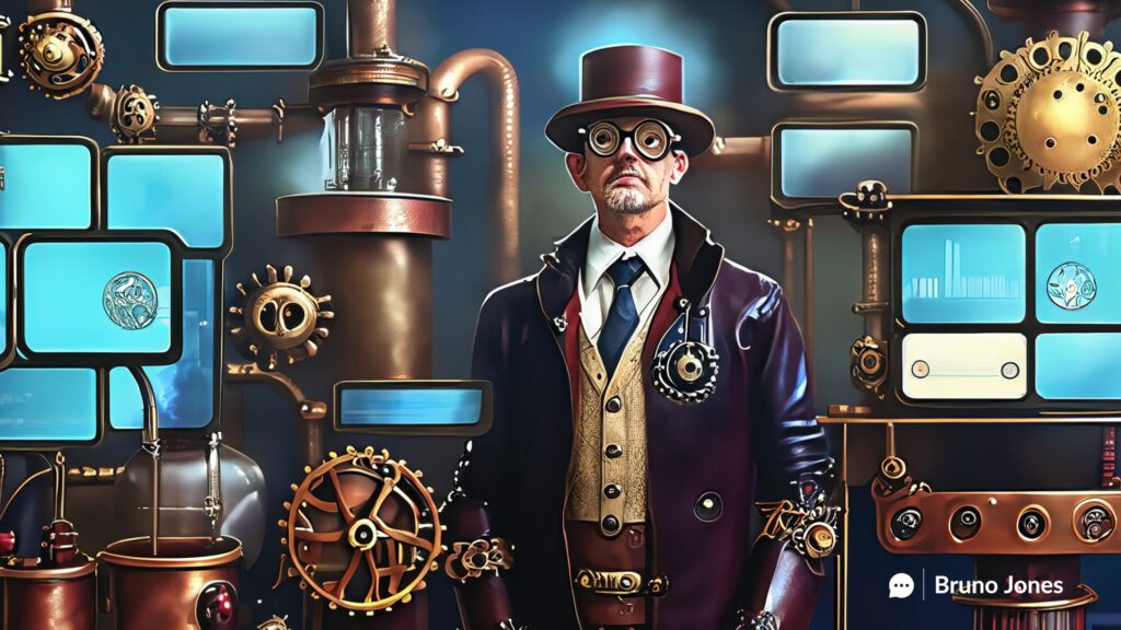 Steampunk scientist in a Victorian-era laboratory observing various screens displaying different ad formats, symbolizing the process of testing and analyzing image and video ads in digital marketing.