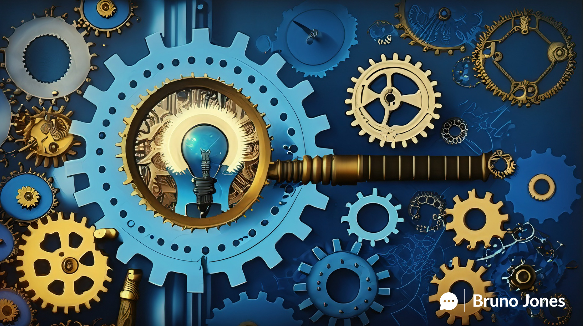 Facebook Ad Library for Business Growth: Steampunk-inspired magnifying glass examining a network of gears symbolizing digital marketing strategies, with focus on a gear representing the Facebook Ad Library for unique insights discovery.