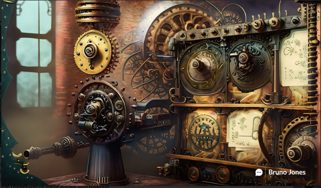 Mastering Email Marketing: 

Steampunk-style intricate machine converting email letters into revenue, set against a Victorian-era industrial backdrop.