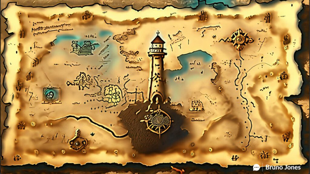 Steampunk-style SEO treasure map on aged parchment, with paths marked by keywords leading to landmarks representing high-quality backlinks, loading speed, and mobile optimization. A brass, gear-detailed treasure chest overflowing with golden keywords sits at the map's destination. A compass with a gear-shaped needle points towards the treasure chest, amidst a background filled with intricate steampunk elements.