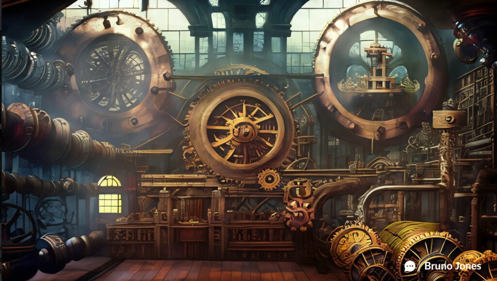 Steampunk-style marketing machine with interconnected gears, levers, and pipes representing various aspects of marketing such as product, traffic sources, ad account strategies, creatives, website, and retargeting strategies, set in a Victorian-era workshop.