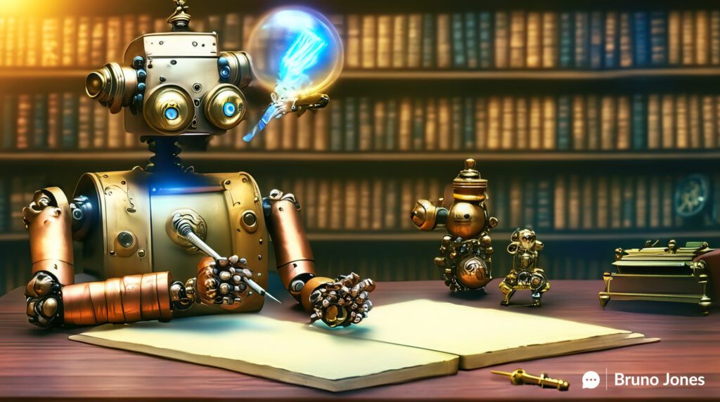 Steampunk-style robot made of brass and copper, sitting at an antique desk, writing with a quill on parchment. The desk is adorned with old books, a vintage typewriter, and a crystal ball projecting holographic keywords, symbolizing AI's role in SEO-optimized content creation.