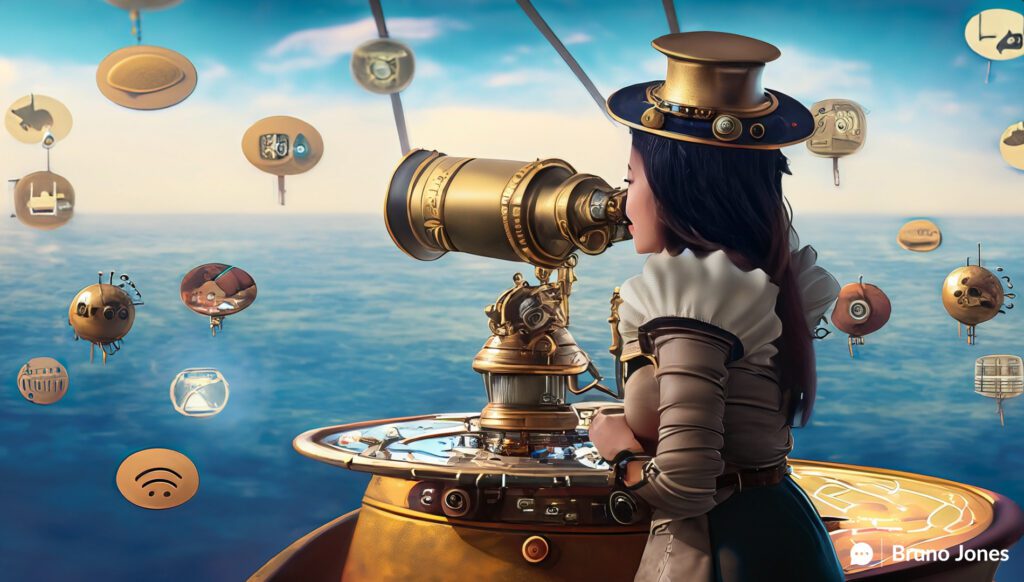 Steampunk-style navigator using a brass telescope aboard an airship, scanning the horizon filled with floating social media icons, symbolizing strategic planning in social media retargeting.