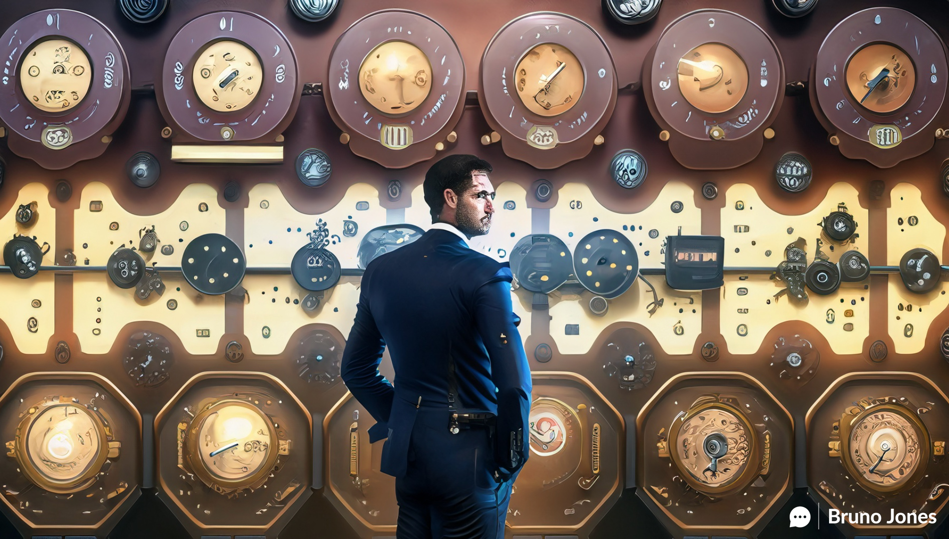 Steampunk businessman adjusting levers on a mechanical dashboard representing different aspects of social media strategy, symbolizing the Impact Of Social Media On B2B Sales.