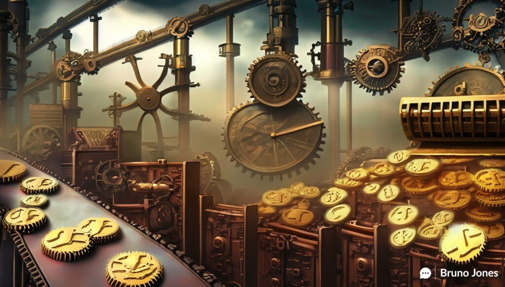 Steampunk-style image of a factory converting social media engagement, represented by golden 'thumbs-up' coins, into sales, symbolized by a treasure chest. This image illustrates the concept of 'Social Media Engagement In Driving Sales'.