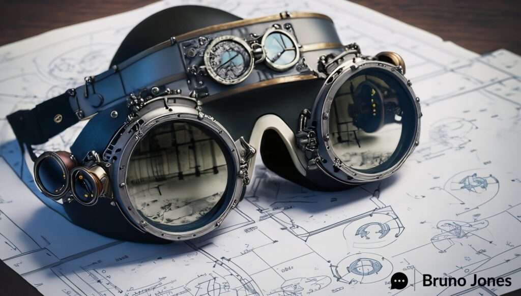 Steampunk goggles on a detailed blueprint of a social media strategy, symbolizing the intricate planning and multiple perspectives needed for maximizing social media.