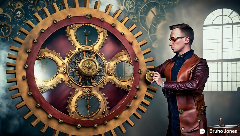 Steampunk inventor working on a mechanical wheel engraved with social media icons and game elements, symbolizing the concept of Gamification in Social Media Sales.