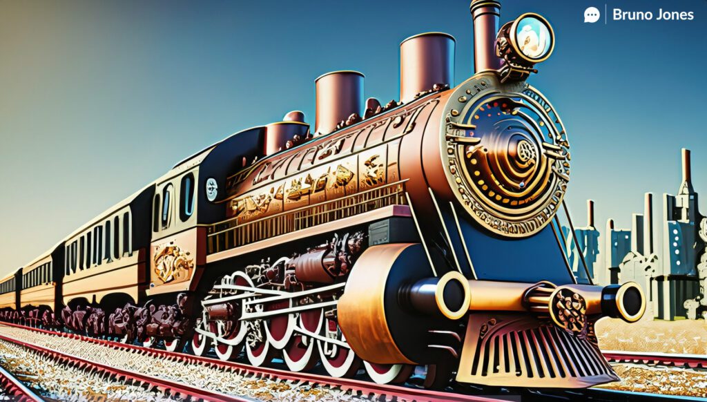 Steampunk-style steam locomotive adorned with social media symbols, representing the journey of maintaining Authenticity in Social Media Sales, against a backdrop of an industrial cityscape.