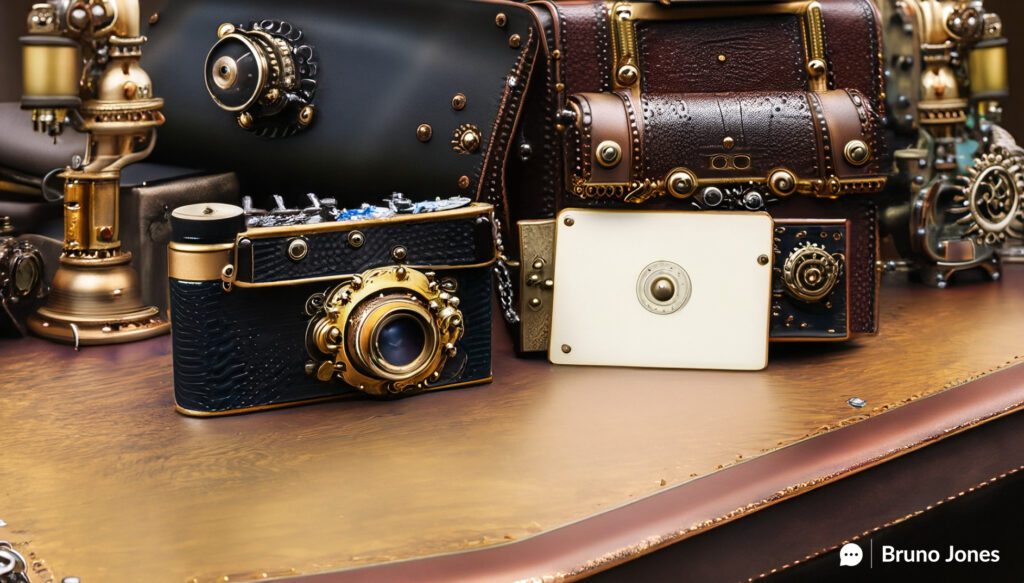 Steam-punk-themed e-commerce package bundling illustration, featuring a brass and leather vintage camera, matching bag with ornate buckles, and a mechanical SD card, displayed on a wooden counter in a steam-punk shop with a shopkeeper in the background. Special offer highlighted with a mechanical price tag and advertising board.