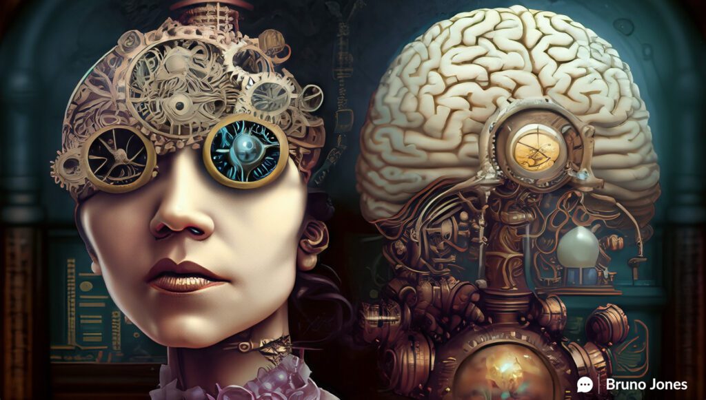 Steampunk-style mechanical brain, with various sections illuminated and in motion, symbolizing the subconscious mind's processing and selective focus on thousands of advertisements, representing the concept of attentional bias.