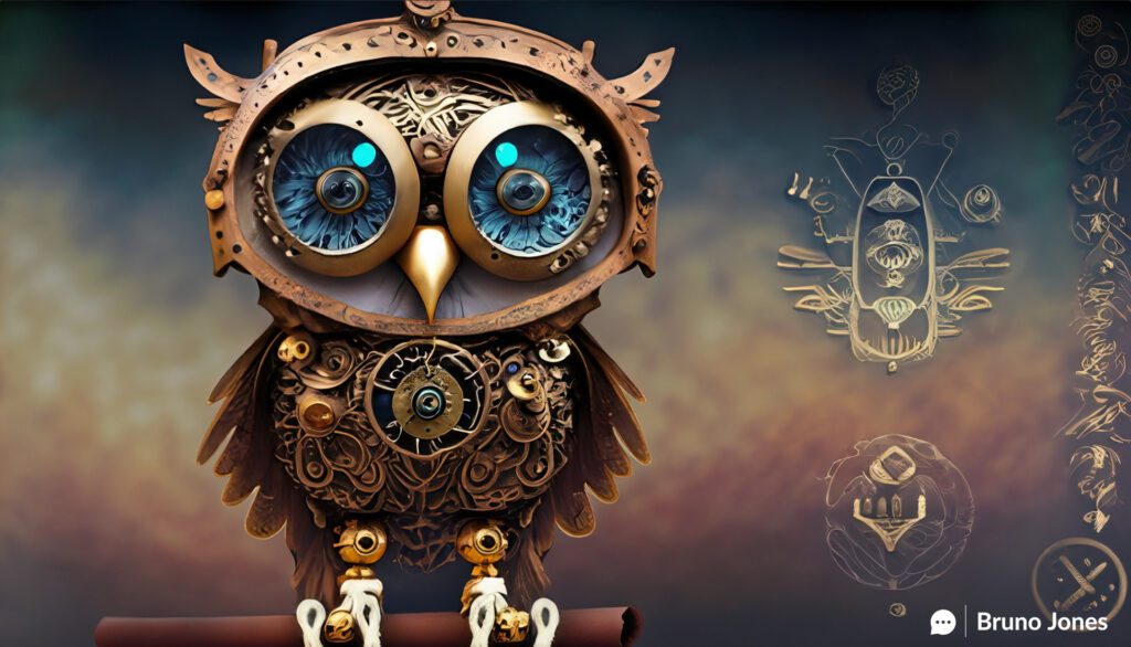 Steampunk mechanical owl perched on ornate stand, clutching a scroll illustrating e-commerce concepts of SEO Short-Head vs. Long-Tail, Zero Sum Games, and Product Market Fit, surrounded by symbols of online shopping and social media, in a dimly lit study filled with brass gears and cogs.