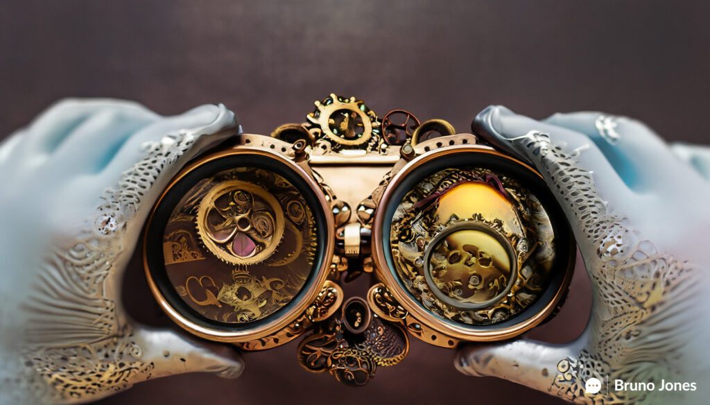 Steampunk-style goggles with intricate brass gears and multiple lenses, each representing different types of ads. One vibrant lens in sharp focus, symbolizing the concept of 'Attentional Bias in Advertising' and the subconscious selection of ads that resonate with intrinsic needs. Background features a whirlwind of faded, ghost-like ads, representing those filtered out by attentional bias. The overall sepia and bronze-toned image underscores the importance of resonating with viewers' subconscious needs to stand out amidst advertising overload.