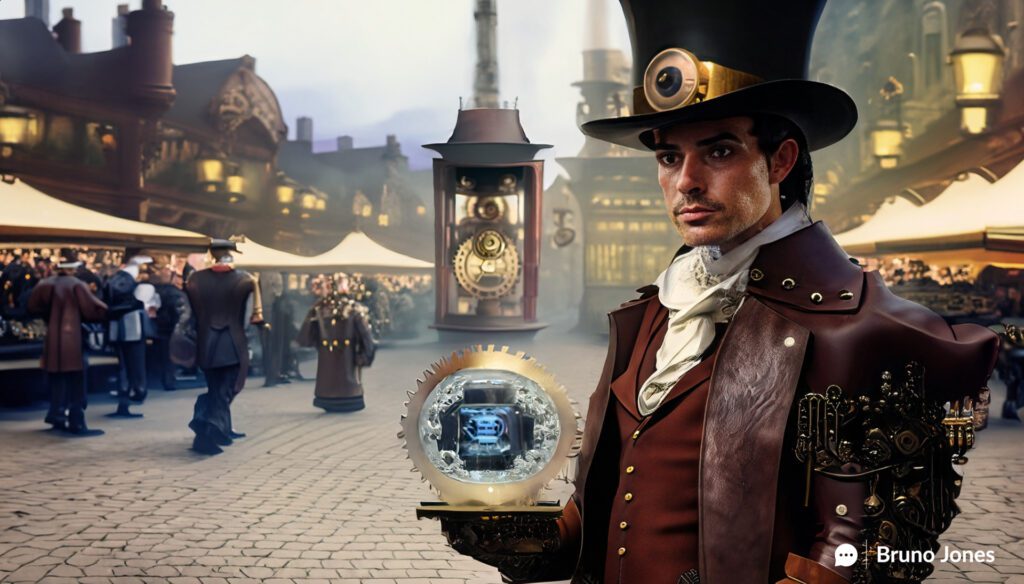 Victorian-era salesman in steampunk attire holding a futuristic device displaying Nintendo products in a bustling market square, symbolizing the timeless principles of upselling and cross-selling strategies, and the blend of traditional wisdom with modern technology.