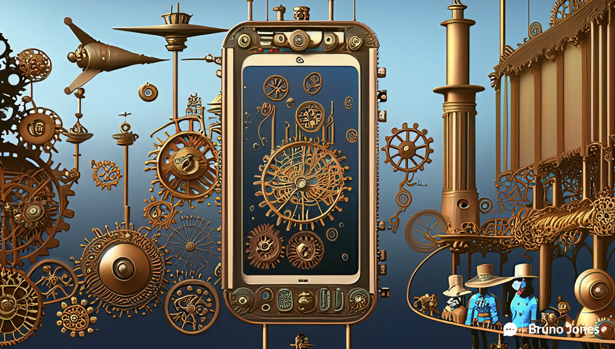 Steampunk-style smartphone displaying a vibrant vertical video of a bustling city, held by a mechanical arm against a backdrop of faded newspaper ads, symbolizing the rise of vertical videos in the evolving world of digital advertising.