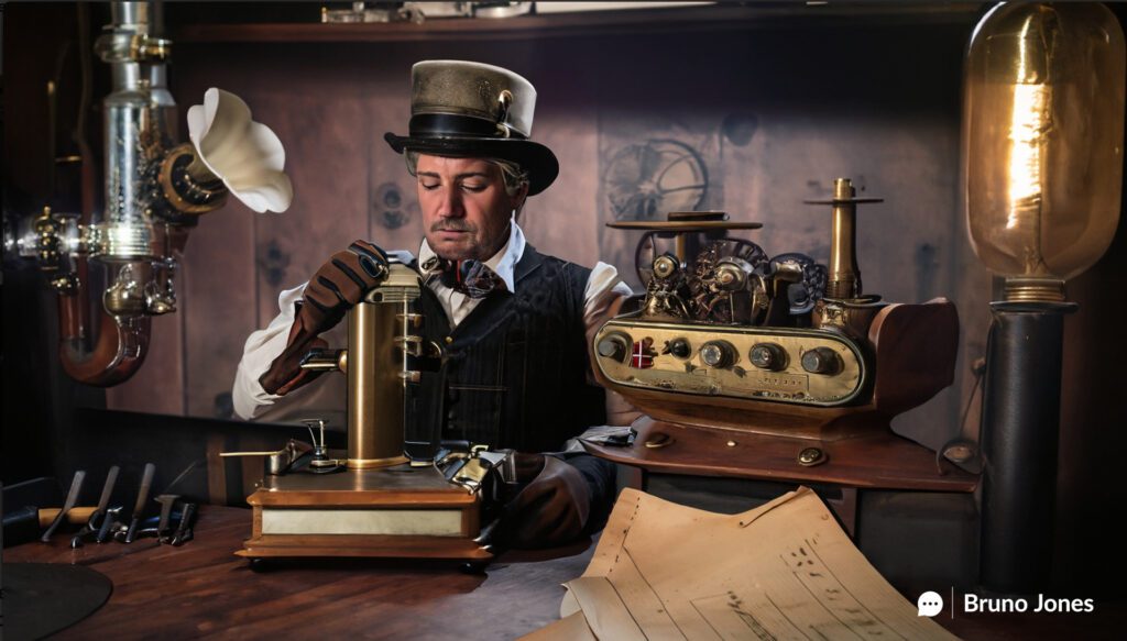 Steampunk-themed workshop with a Victorian operator fine-tuning a brass gramophone adorned with the YouTube logo, symbolizing YouTube's audio-enabled advertising advantage. The scene includes mechanical gears, levers, sound waves, and intricate engravings, set in a dimly lit room filled with tools and machinery.