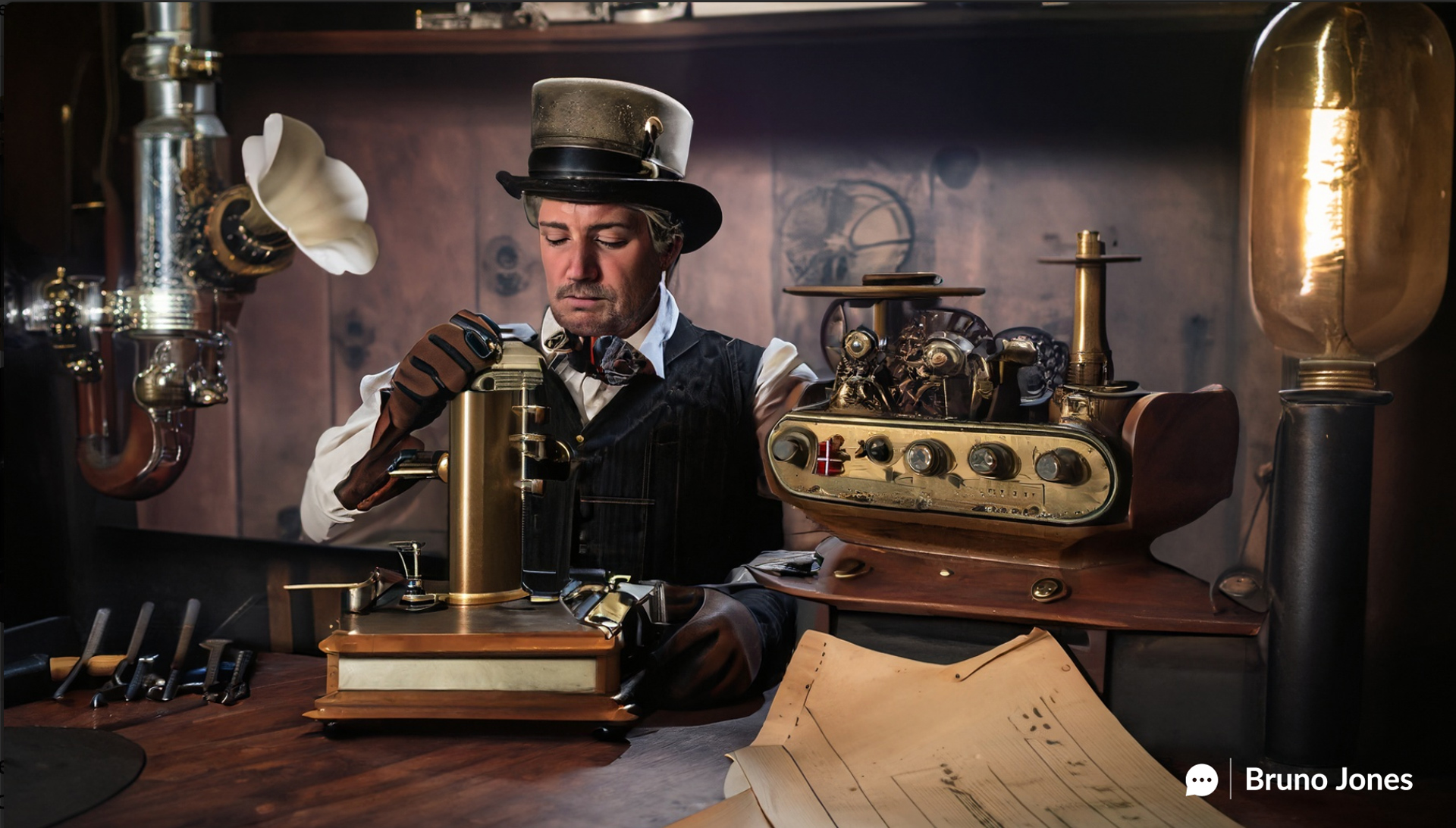 E-Commerce Trends: Steampunk-themed workshop with a Victorian operator fine-tuning a brass gramophone adorned with the YouTube logo, symbolizing YouTube's audio-enabled advertising advantage. The scene includes mechanical gears, levers, sound waves, and intricate engravings, set in a dimly lit room filled with tools and machinery.