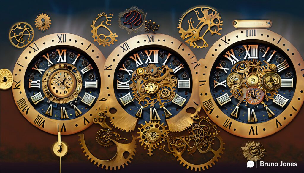 Steampunk clock with multiple hands pointing to terms like 'Context,' 'E-E-A-T,' and 'Algorithms,' illustrating the New Rules of SEO.