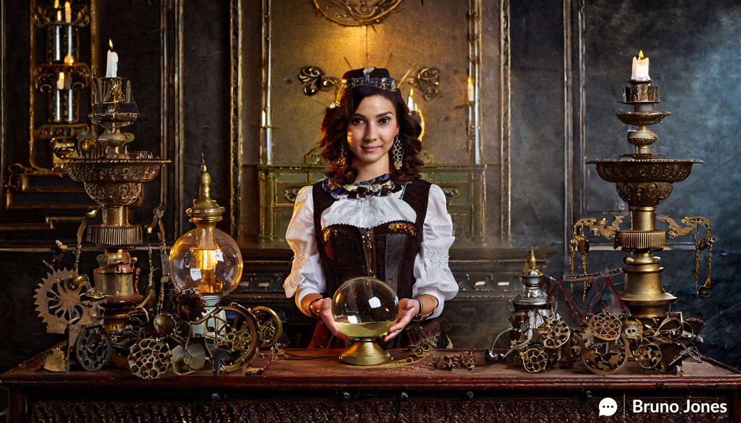 Steampunk Oracle woman in a dimly lit Victorian room filled with gears and vintage instruments, sitting behind an ornate table with a glowing crystal ball that projects a holographic domain name and Domain Authority scores. Background includes old maps, celestial charts, and a mechanical owl. Color palette features warm, earthy tones and glowing accents. Free Domain Authority Checker by Bruno Jones.