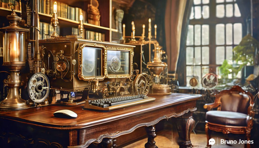 Steampunk Victorian study featuring a brass-framed Victorian computer, retrofitted typewriter keyboard, and brass mouse on a wooden desk, with books about automated content on a shelf, illuminated by a steampunk lamp, emphasizing the future of automated content and its role in maximizing Content ROI.