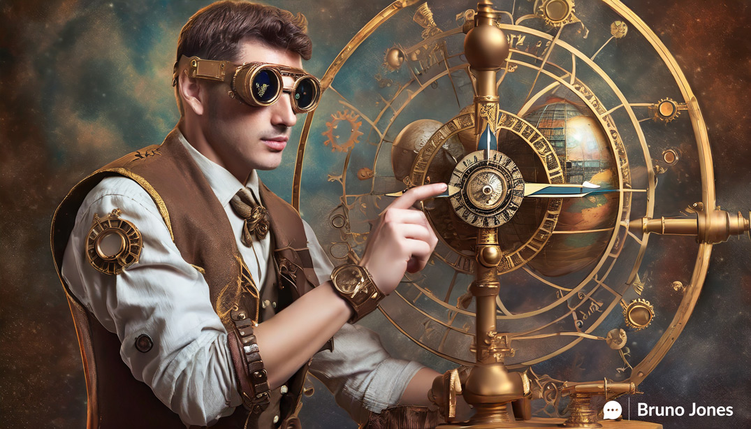 Steampunk-inspired orrery centered around an attractive man holding a golden compass and telescope, representing the diverse sources of organic traffic optimized by Bruno Jones' Crawlability Test.