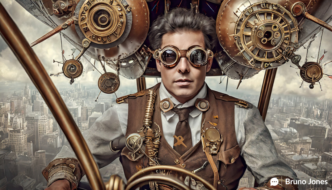 Steampunk-themed Bing blimp navigated by a confident man, releasing SEO meta tags over a digital cityscape, representing the innovative capabilities of Bruno Jones' Meta Tag Analyzer.