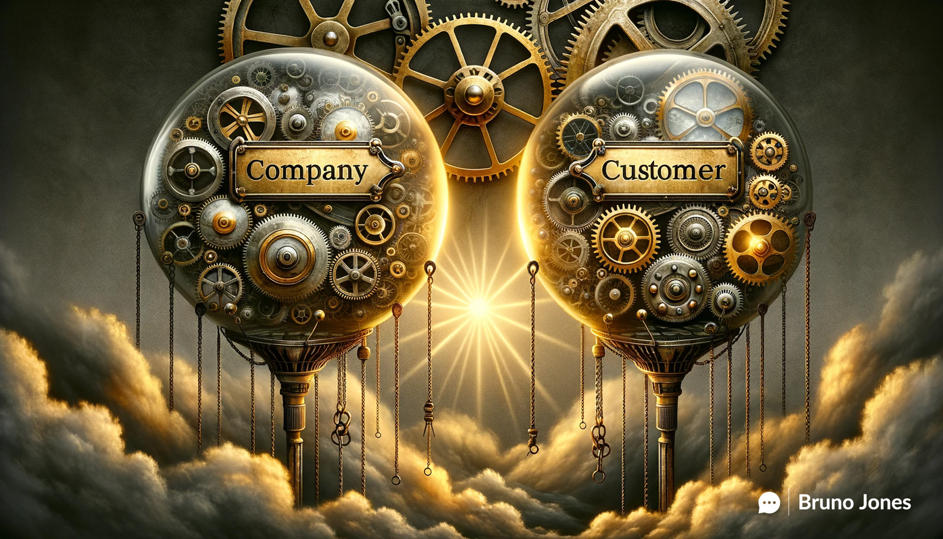 Steampunk-style dialogue balloons labeled 'Company' and 'Customer,' connected by gears and chains, illustrating the glimmer of hope in customer journey dialogues as an alternative to the Hidden Costs of Solely Relying on Sales Funnel