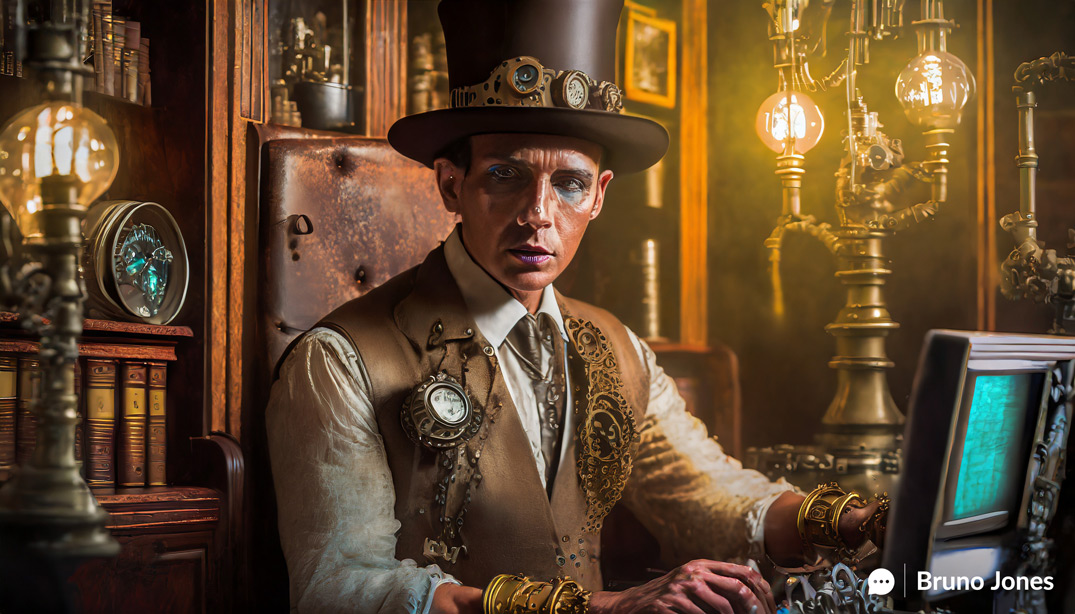 Steampunk Gentleman in Victorian Study Interacting with Ornate Monitor Displaying Free Bing SERP Analysis by Bruno Jones