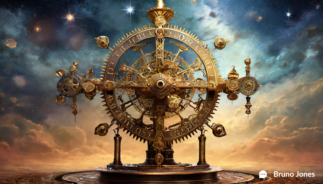 Steampunk-inspired orrery with gears labeled 'Insights,' 'Strategy,' and 'Results' revolving around a central gear named 'Your Business,' symbolizing the interconnected aspects of Free Google SERP Analysis by Bruno Jones.