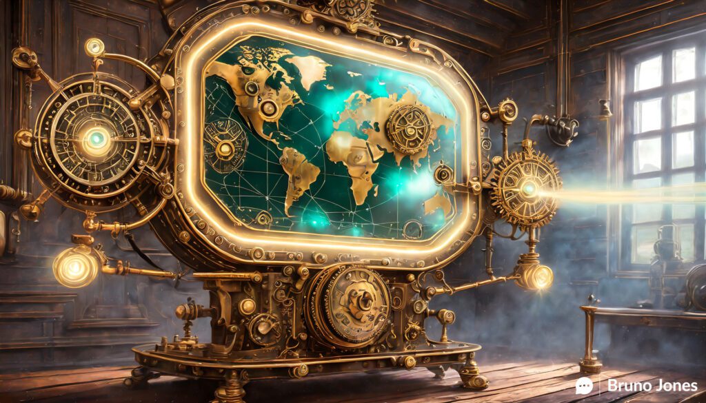 Steampunk-themed photo showcasing AI + Data Storytelling elements. Features an ornate, brass projector emitting a holographic world map made of gears and cogs. Glowing orbs and mini airships serve as data points, with a mechanical arm indicating user interaction. Set in a dimly lit room with Victorian machinery, the image embodies colors of brass, emerald green, and sapphire blue, accentuated by metallic sheens and glowing effects.