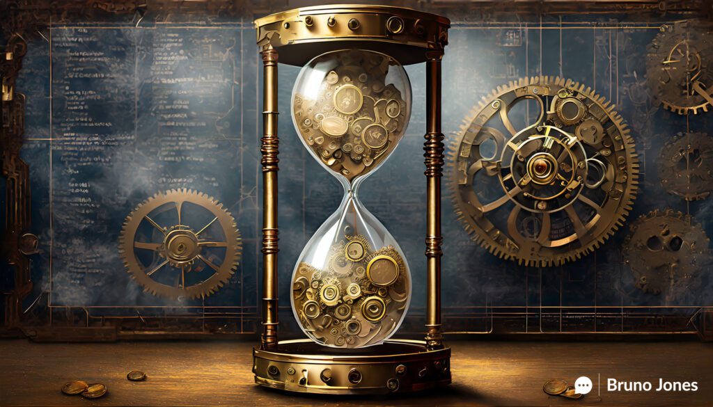 Steampunk-style hourglass made of brass and copper with gears and cogs, symbolizing how Industry Web Pages Are Costing You Business. Gold and silver coins falling through the hourglass are etched with terms like 'Target Audience,' 'SEO,' and 'Conversion.' Background features faded blueprints of failed industry-specific web pages, while the foreground shows a wooden table with more coins, a quill, and a parchment labeled 'Missed Opportunities.' A pair of steampunk goggles and a brass plaque reading 'Time is Money, Don't Waste Either' complete the scene.