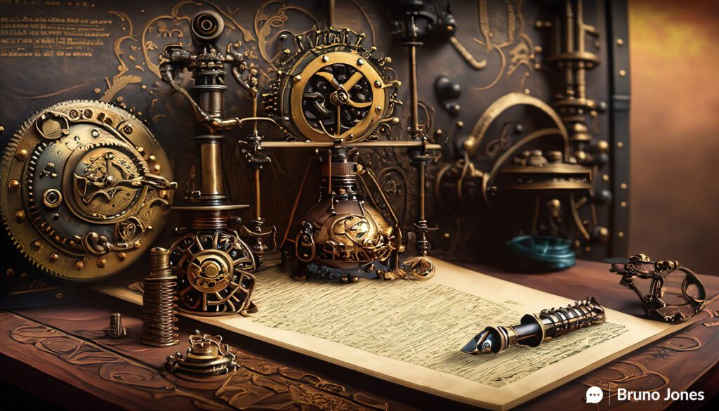 Steampunk-style scale balancing a bag of gold coins and a quill pen, illustrating that the lack of content is costing you more than you think in terms of perceived expense versus actual value