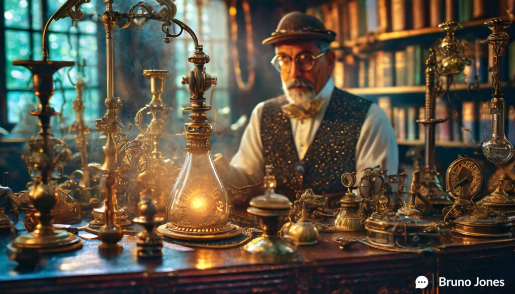 Victorian-era scientist in a steampunk lab examining a glowing vial labeled 'Social Proof,' illustrating the transformative power of using social proof in digital marketing.