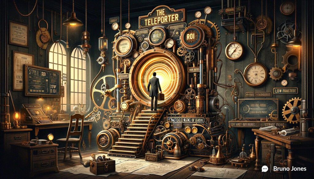 Steampunk-inspired illustration of a Victorian business owner stepping through a transformative SEO Teleporter machine, highlighting the Strategic Risks of Ignoring SEO for ROI.