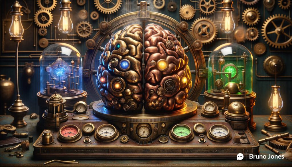 Steampunk-styled mechanical brain with glowing sections representing psychological triggers that influence Purchase Decision.