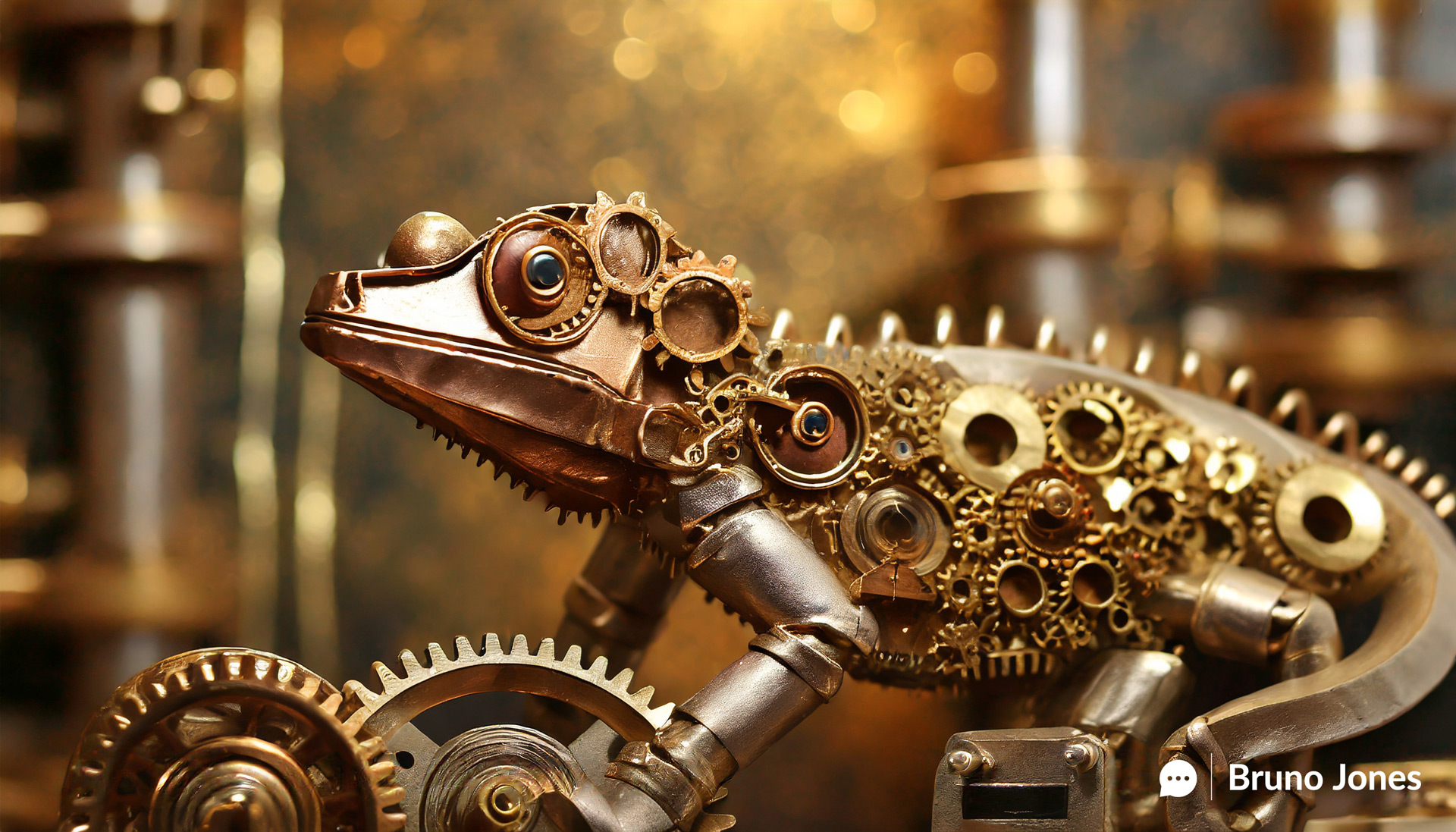 Steampunk chameleon made of brass gears and cogs, blending into a background of interlocked gears, pipes, and steam vents, signifying the need for adaptability in SEO strategies. The chameleon's telescopic eyes and mechanical tongue reaching towards a gear labeled 'Adaptability' highlight common mistakes business owners are doing SEO all wrong. Caption reads, 'Adapt or Fade: The Choice is Yours in SEO.