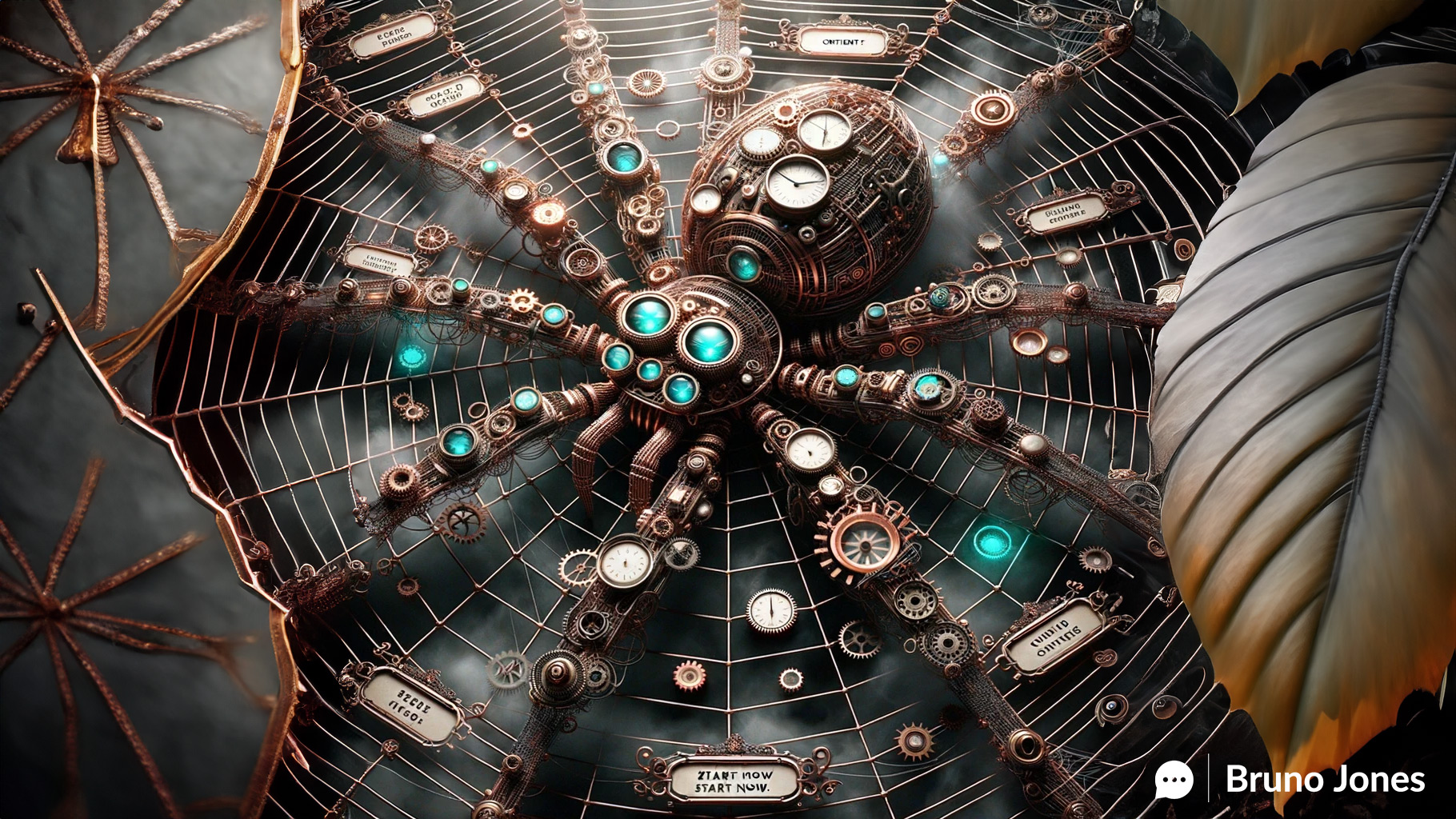 Steampunk-inspired spider web made of metallic wires, featuring a gear-crafted spider at the center, with interspersed glowing code snippets representing different types of SEO headers. Ornate arrows indicate redirection types, anchored by larger gears symbolizing key aspects of website management such as SEO, Content, UX, and Analytics.