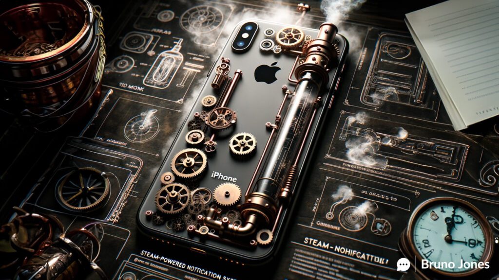 Steampunk-themed iPhone with intricate gears and levers, illustrating the focus on quality over quantity for better Content ROI, inspired by Steve Jobs' commitment to design excellence.