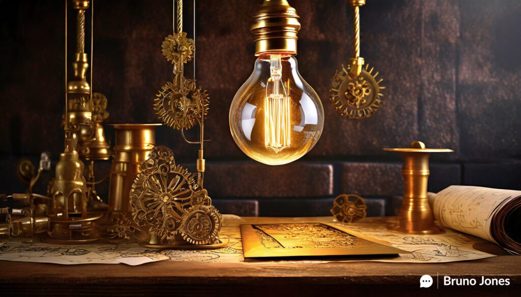 Steampunk-themed light bulb suspended from a brass and copper fixture, illustrating a B2B SEO Perspective on why Industry Web Pages Are Costing You Business. The intricate bulb contains gears, cogs, and miniature steam engines, casting a focused beam of light onto a brass plaque etched with 'Customer-Centric Approach.' Background features a dark, industrial setting with exposed brick and rusted beams. Foreground includes a vintage wooden desk with scattered blueprints of outdated industry-specific web pages in the shadows. Additional elements include small gauges and dials labeled 'Engagement,' 'ROI,' and 'Conversion,' and a pair of ornate steampunk goggles directed towards the illuminated plaque.