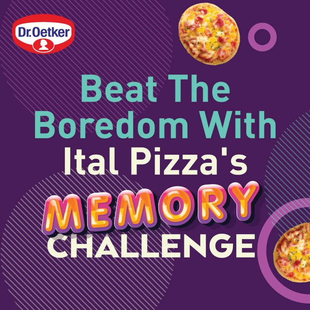 Dr. Oetker logo on a purple background with text 'Beat the Boredom with Ital Pizza's Memory Challenge' for social media campaign led by Bruno Jones.