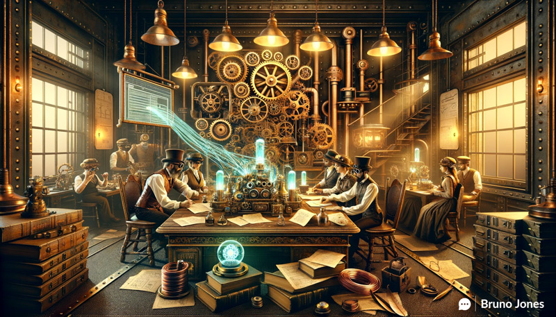 Steampunk SEO Brainstorming Session for High Quality Backlinks - Inventors in Victorian-era attire collaborate around an ornate wooden table, amidst a brass-tinged industrial room with riveted metal walls. The table is laden with parchment, quills, and anachronistic items like gears and copper wire. A fantastical brass machine with rotating gears hovers above, processing glowing orbs of ideas into streams of interconnected gears with authority scores, symbolizing the creation of high-quality backlinks. The room, illuminated by gas lamps and phosphorescent tubes, is filled with framed blueprints of the backlink analyzer, live data charts, and a mechanical owl on SEO tomes. The warm sepia tones, cool metallic blues, and bursts of electric teal highlight the dynamic brainstorming, while the inventors manipulate holographic data and fine-tune the machine's valves labeled 'Page Authority' and 'Domain Strength.'