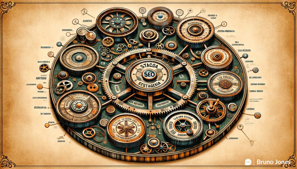 Steampunk-themed mind map illustrating SEO through Game Theory, featuring a central vintage cogwheel linked to panels labeled in Portuguese with various SEO components.