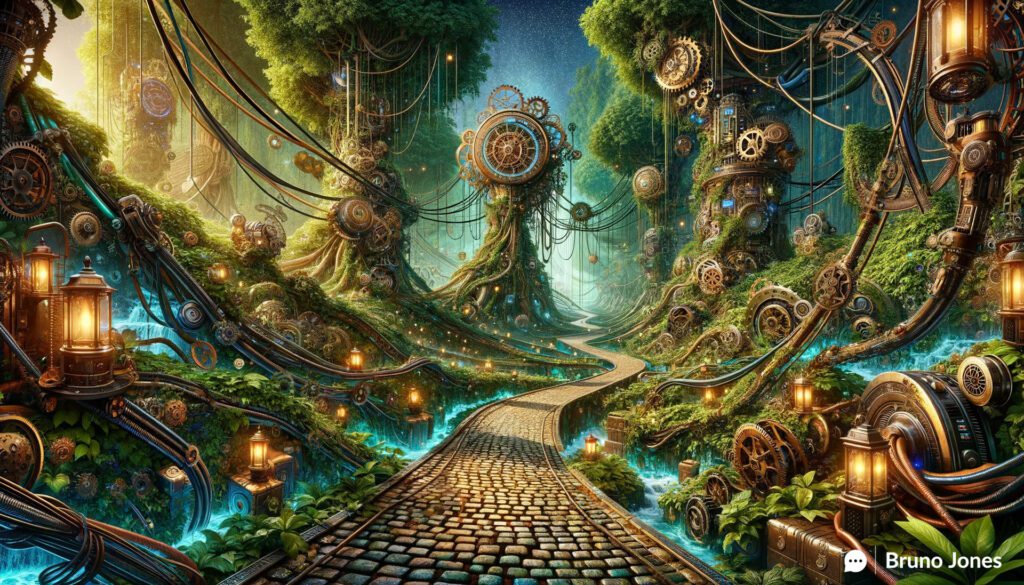 Steampunk-inspired digital jungle representing the concept of Embrace Radical Differentiation in SEO, featuring a lush, mechanical-infused setting with a cobblestone pathway lit by blue and green lights, surrounded by gear-laden foliage, steampunk machines, and robotic wildlife, centered around an ornate, glowing compass symbolizing SEO strategy and direction.