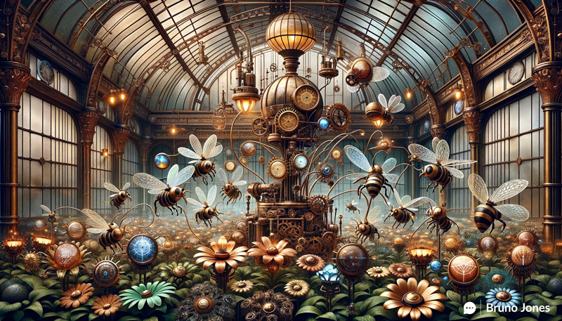 Steampunk SEO Pollination - Mechanical bees with glass wings and brass bodies navigate between metallic flowers, symbolizing the transfer of 'indexed pages' in a Victorian-inspired greenhouse. Each bee carries glowing orbs labeled with web page titles, indicative of the SEO indexing process, under the watchful eye of a steampunk beekeeper manipulating controls to optimize the digital pollination. The scene is illuminated by dirigible lamps, with a backdrop of intricate clockwork representing the search engine algorithms, all rendered in a palette of bronzes, coppers, and vibrant electric blues.