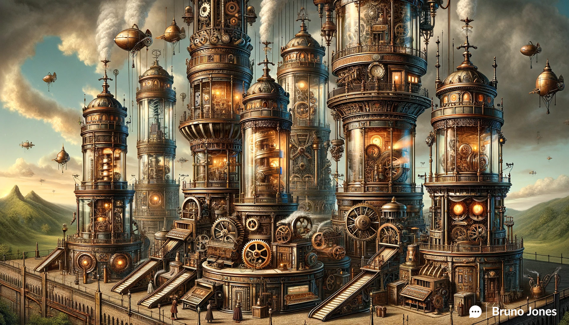 Steampunk-inspired visualization of a semantic network, depicting Victorian-era towers representing content silos interconnected by gears, steam pipes, and conveyor belts, with automatons organizing scrolls and books, symbolizing the intricate and interconnected structure of modern content organization.