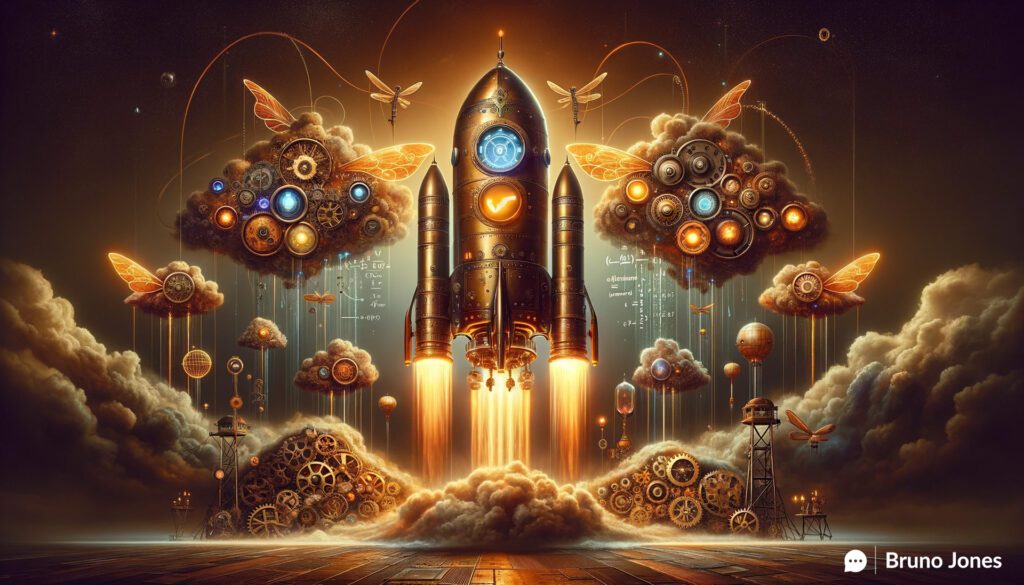 Illustration of 'Ascension of Innovation: OpenAI's Steampunk Odyssey' depicting a central steampunk-inspired rocket adorned with Victorian elements and the OpenAI logo ascending amidst gear-shaped clouds and search icons, embodying the theme of 'Mastering the AI Search Revolution'. The scene is set against a vibrant sky of amber and purple hues, with antiquated rockets trailing behind, signifying the transition from traditional search to AI-driven search technologies.