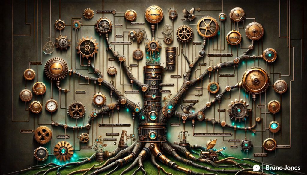 SEO through Game Theory. Steampunk-inspired game tree diagram representing SEO tactics with intricate metallic branches, each branch detailed with gears, pipes, and elements like brass telescopes and typewriters symbolizing different aspects of SEO like keyword strategy and content creation. The tree is set against a rustic parchment backdrop, with its roots depicted as wire-like structures embedded with glowing lights, indicating data analytics. The overall color palette features shades of bronze, gold, and copper, accented by teal highlights in the roots, capturing the blend of vintage and digital themes.