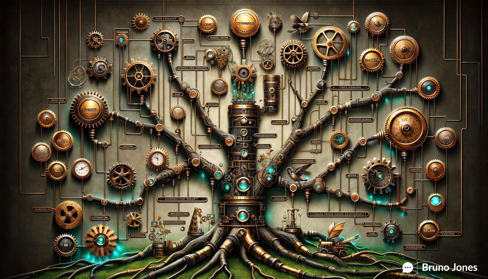 Steampunk-inspired game tree diagram representing SEO tactics with intricate metallic branches, each branch detailed with gears, pipes, and elements like brass telescopes and typewriters symbolizing different aspects of SEO like keyword strategy and content creation. The tree is set against a rustic parchment backdrop, with its roots depicted as wire-like structures embedded with glowing lights, indicating data analytics. The overall color palette features shades of bronze, gold, and copper, accented by teal highlights in the roots, capturing the blend of vintage and digital themes.