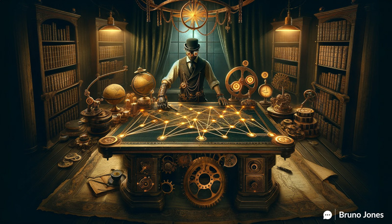 Steampunk SEO Cartographer meticulously charting a network of website links on an ornate map, symbolizing comprehensive Link Analysis in a digital landscape.